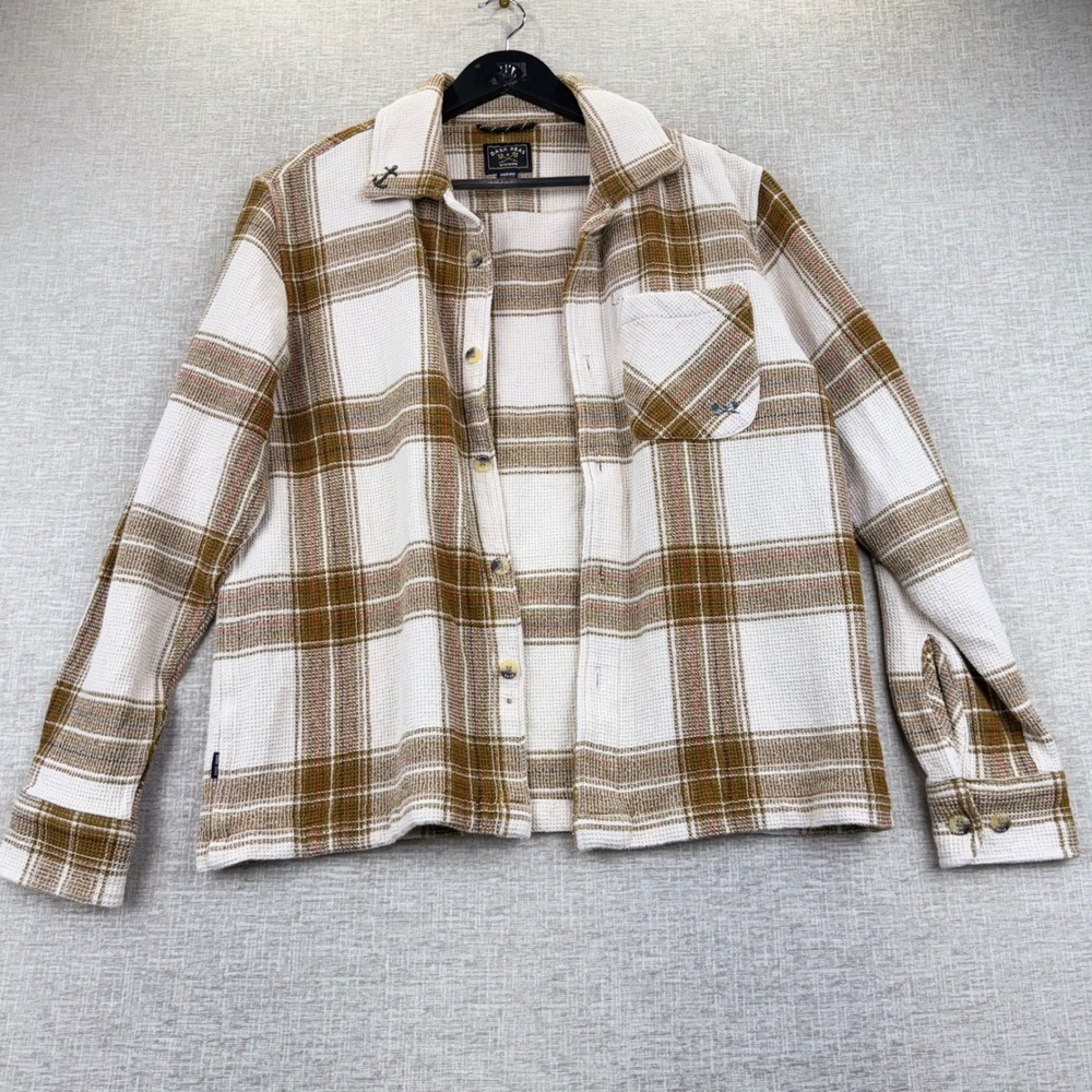 Dark Seas Division Mens Plaid Waffle Knit Flannel Shirt Brown Cream Medium
